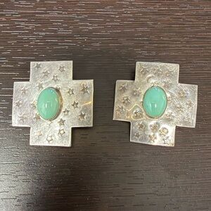 Vintage Sterling Cross Clip Earrings with Green Turquoise Cabochons